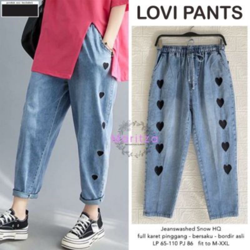 Baggy Jeans Celana Bordir Koreans Style Karet Muter Best Seller lovipant Cempaka Wajika Pita Snow Light Snow Black