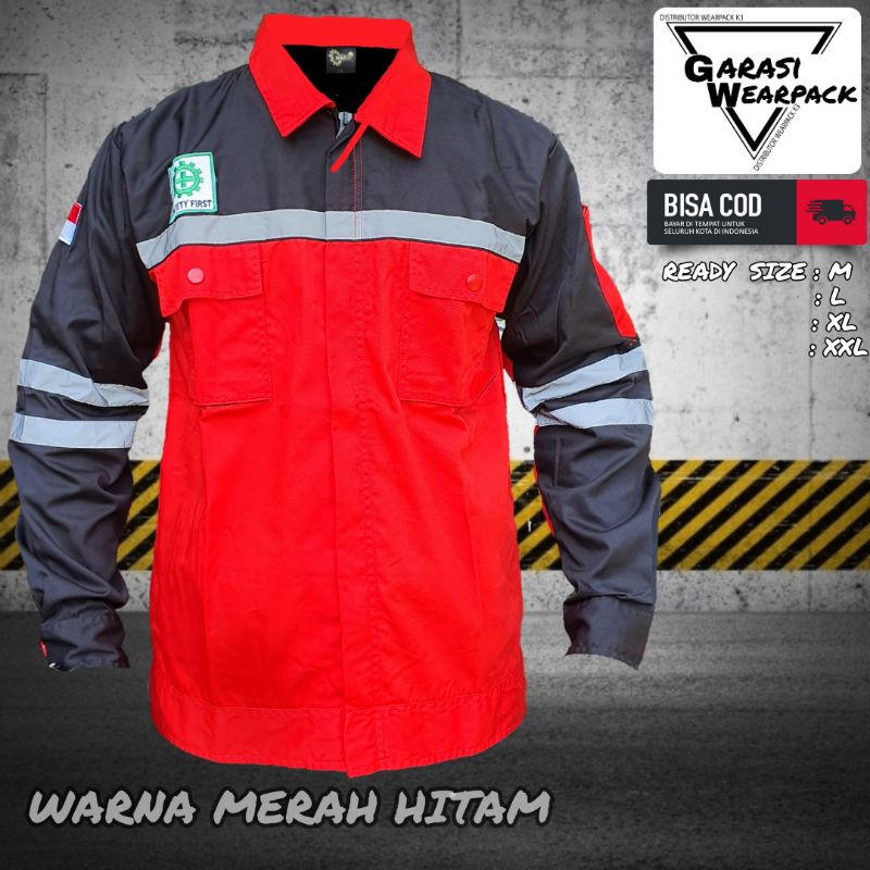 seragam kerja / wearpack atasan safety/ APD K3 proyek/ lengan panjang / merah hitam original realpict