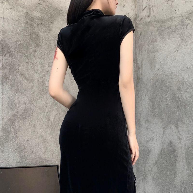 [Goth] Cheongsam Velvet Bodycon Sexy Long Dress 8471 (S/M/L)