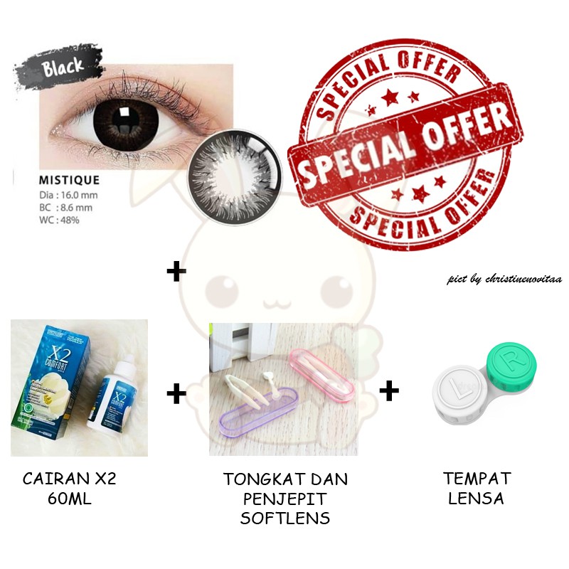 Paket Softlens LIVING COLOR MISTIQUE 16mm (Normal) + Cairan X2 60 ml + Penjepit / Pinset