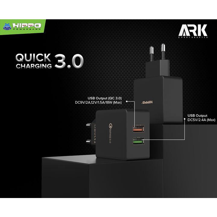 Hippo Adaptor ARK 2 30W Quick Fast Charging 3.0 Travel Adapter Kepala Casan Colokan Charger Rumah type C QC Dual Port Output