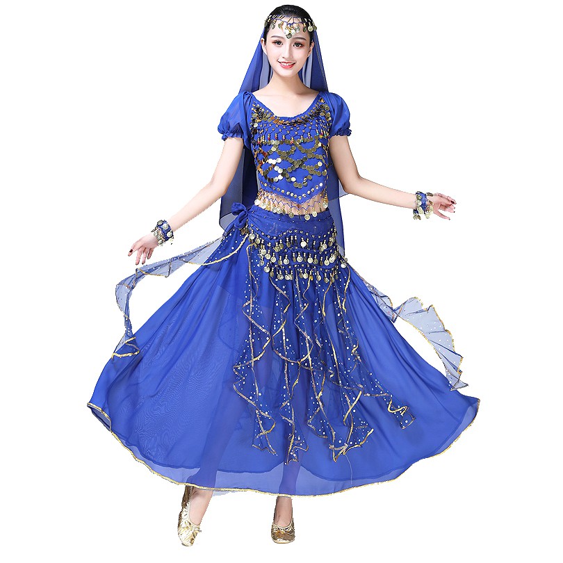 KOSTUM TARI PERUT TARI TAMBORIN ARABIC BELLY DANCE SUIT SET ATASAN BAWAHAN BAJU ROK PENTAS PUTRI JASMINE ALADIN KOIN COIN