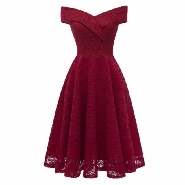 Baju Midi Dress wanita Brukat Party Lofoten Pakaian Dres Brokat pesta - maroon(W1Z4) midi dress kore