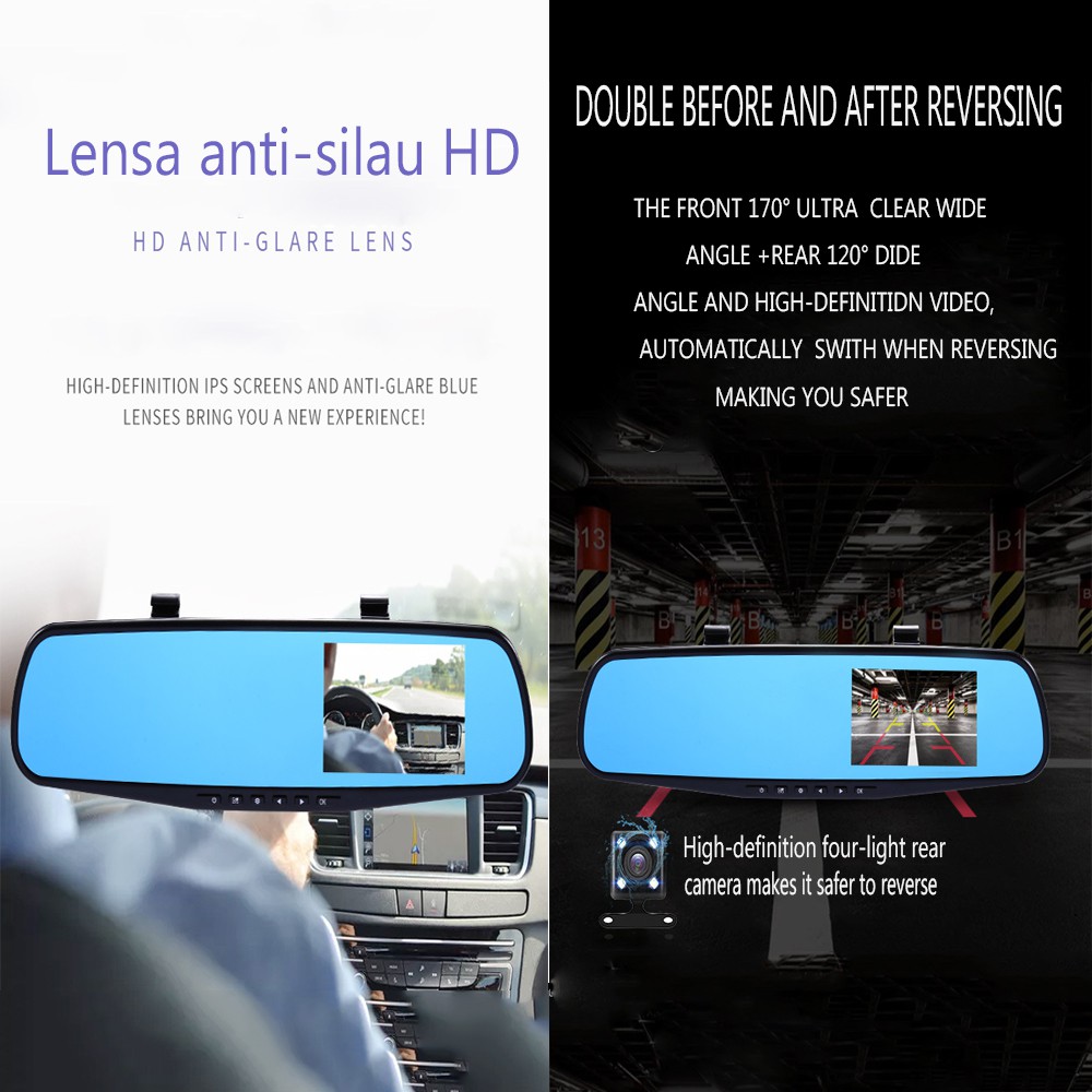 layar lebar Mobil DVR lensa ganda kaca spion kamera Dash Perekam Video Mobil