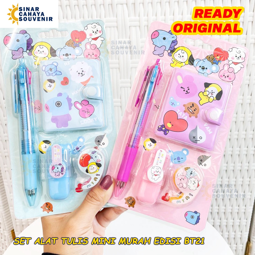 

Set Alat Tulis Lengkap BT21 Mini | Hadiah Souvenir ATK Sekolah Kantor | Buku Pulpen Highlighter Solatip Mini BT21 Lucu Unik