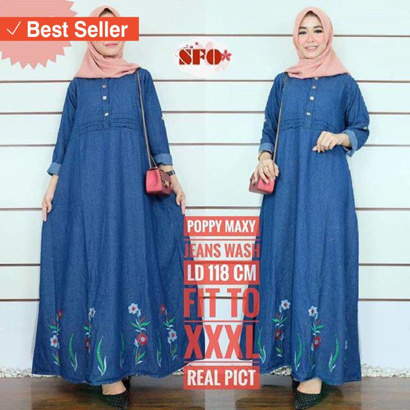 FASHION REMAJA MURAH TERLARIS MODERN UNIK / POPPY MAXI DRESS JEANS WASH JUMBO BY SFO