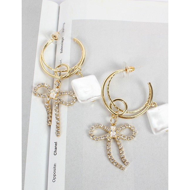 LRC Anting Tusuk Fashion Gold S925 Silver Pin With Diamond Bow Moon Square Freshwater Pearl Earrings