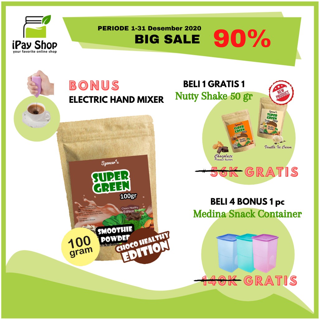 

Spencers SuperGreen Smoothies Powder Dalgona Minuman Sehat Tinggi Antioksidan 100 gr FREE Hand Mixer