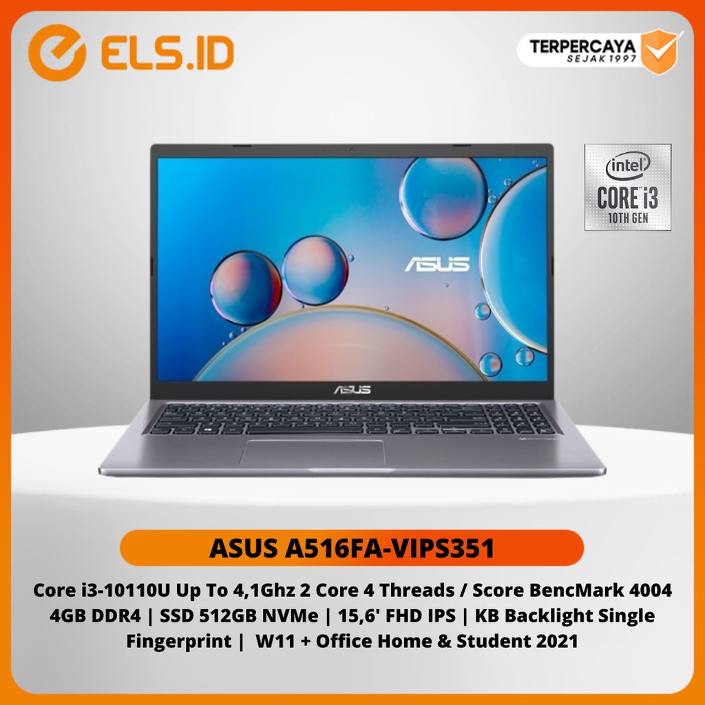 Laptop Asus A516FA-VIPS351 Intel Core i3-10110U 4GB 512GB 15,6' FHD IPS W11 OHS