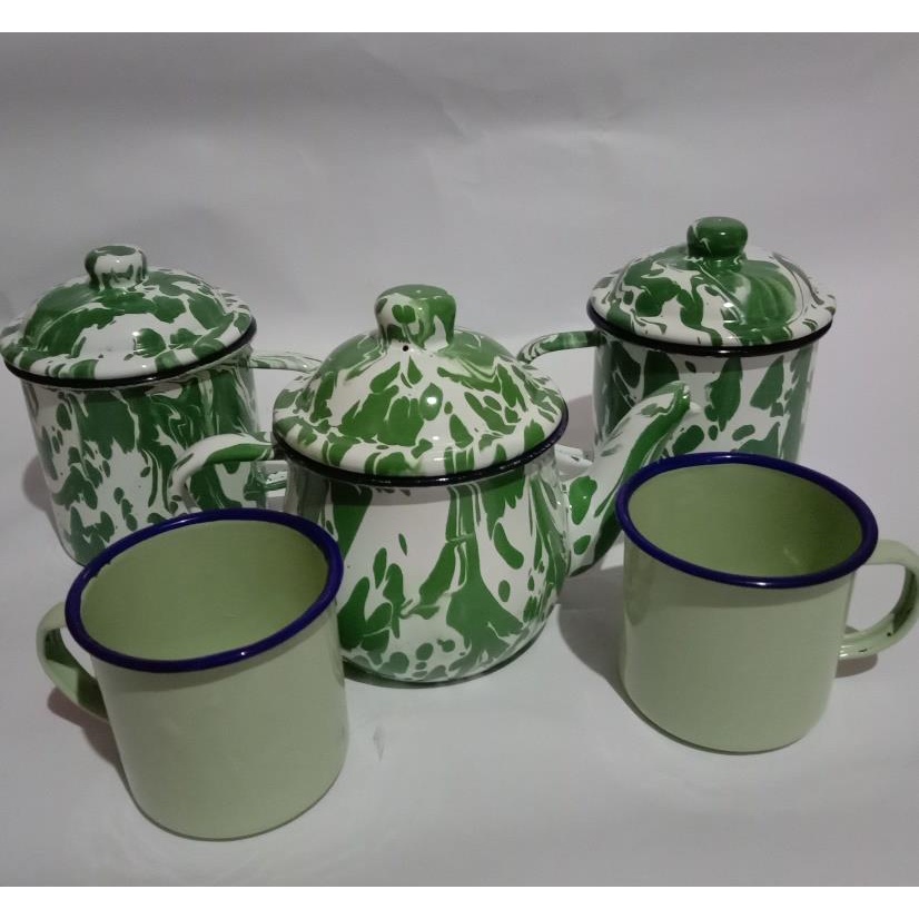 TEKO LURIK CEBOL, 2MUG 9CM LURIK DAN 2CANGKIR ENAMEL POLOS 7CN, CANGKIR KOPI,TEH