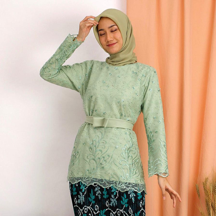 (DIJAMIN REALPICT) Kebaya Manohara Tile Bordir Glitter + Mutiara Tunik Wisuda Kondangan Rok Plisket-IJO MINT ATASAN AJA