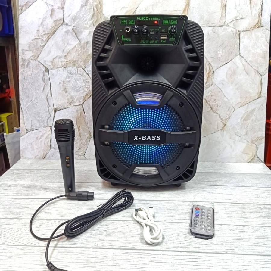 COD SPEAKER KARAOKE BLUETOOTH FLECO 8'5 INCH F-8606 LED PLUS MIC KARAOKE + REMOTE X-BASS//SPEAKER SALON AKTIF//SPEAKER KARAOKE X-BASS