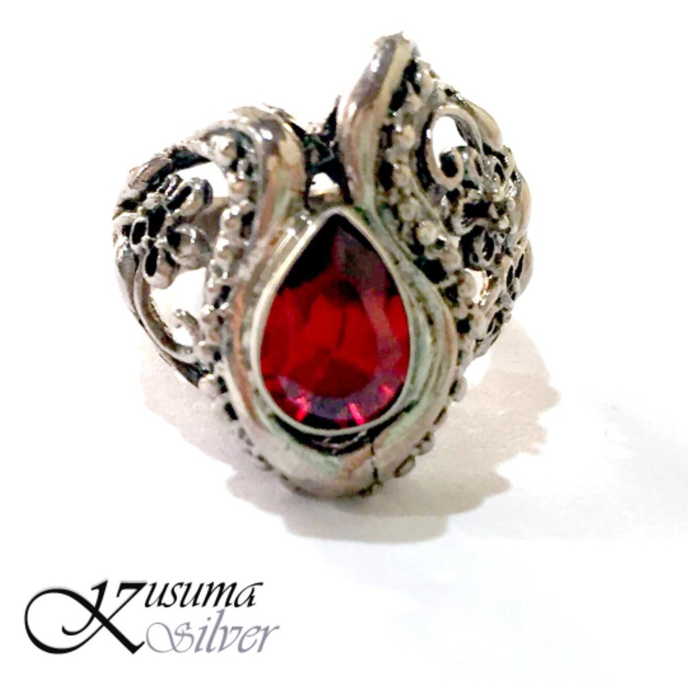 Cincin Ring Perak Silver Bali Tear Drop Batu Merah Ukir 925 Keren Elegan Pria Wanita Laki Custom