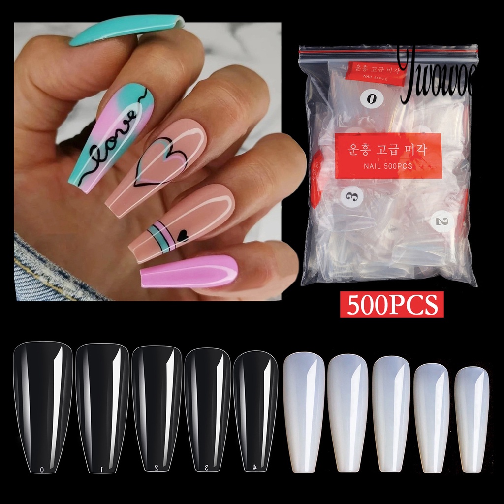 Twowood 500Pcs / Set Kuku Palsu Full Cover Anti Pecah Tahan Lama Untuk Nail Art / Manicure DIY