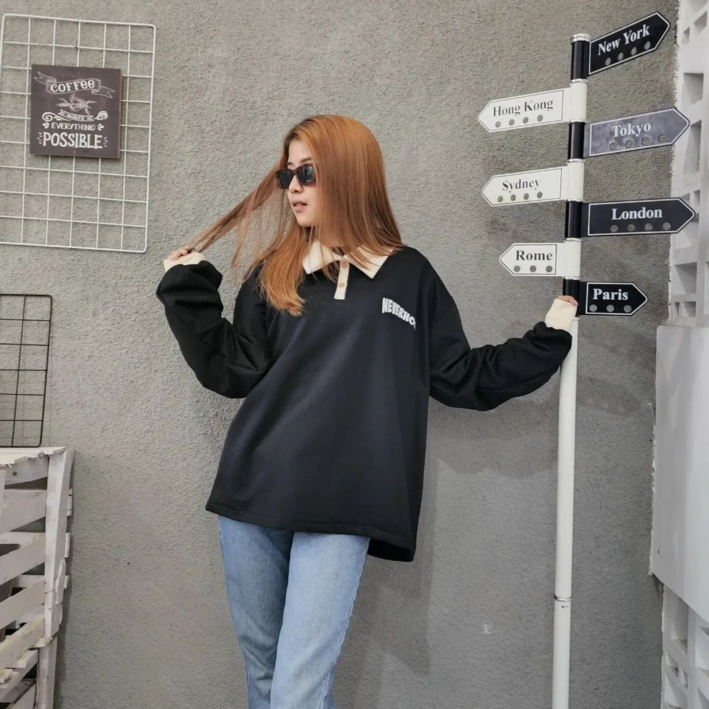 NEVER HOW COLAR 2XL Sweater Crewnewck Pria Wanita Oversize Kekinian Outerwear Bigsize Ala Korean Outfit Kasual Kekinian