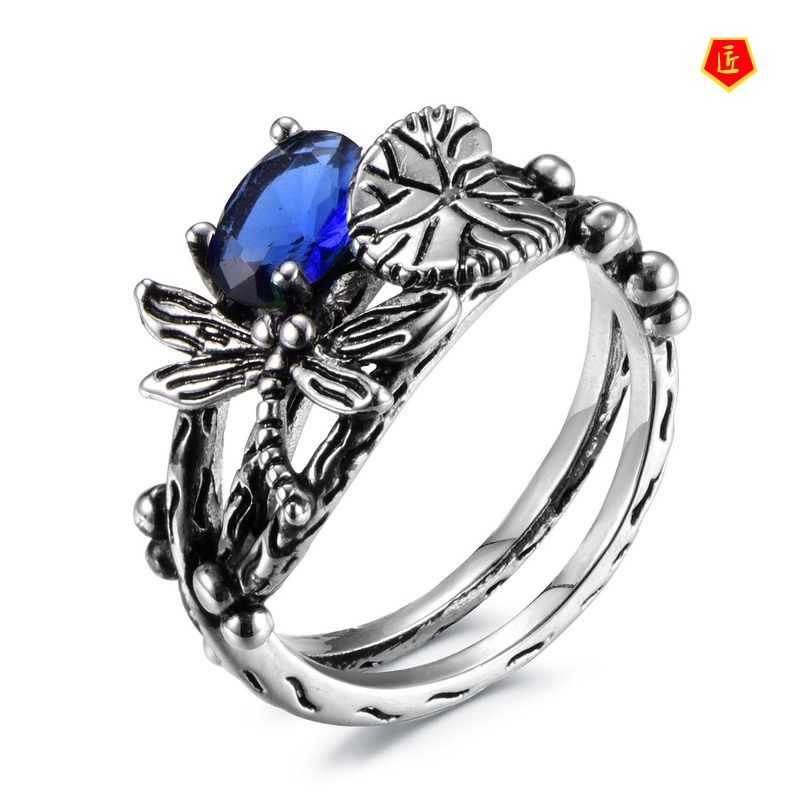 [Ready Stock]Creative Dragonfly Lotus Ring Women's Retro Silver Inlaid Topaz