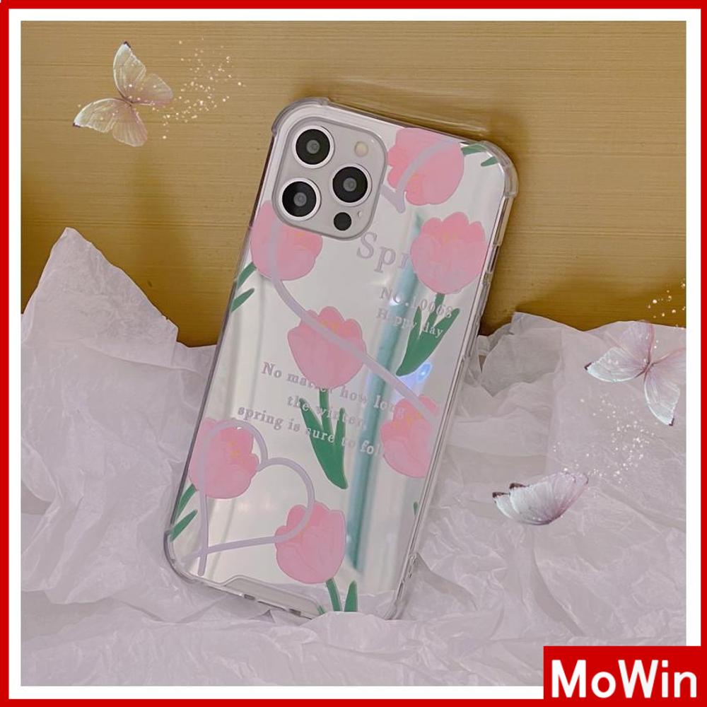 iPhone Case Acrylic Reflective Mirror Airbag Shockproof Protection Camera Pink Tulip Flower Compatible with iPhone 11 iPhone 13 Pro Max iPhone 12 Pro Max iPhone 7 Plus iPhone xr