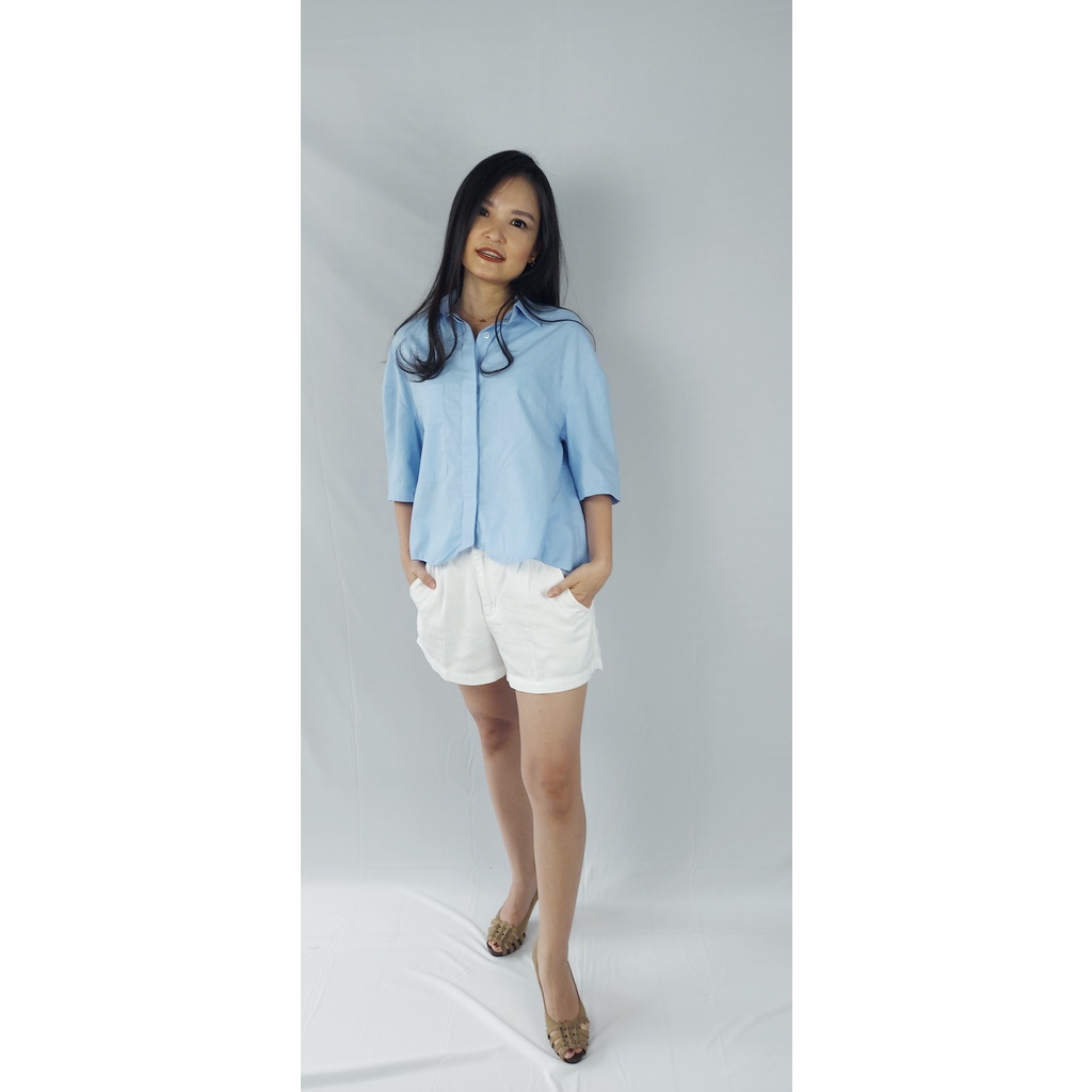UnaUni - Kylie Crop Top Shirt Baby Blue Kemeja Pendek Premium Cotton S-XL