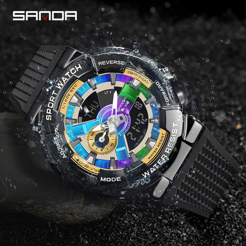 SANDA 9004 Jam Tangan Pria Digital Analog Dual Time World Time Tali Rubber Shockproof Anti Air WATCHKITE WKOS