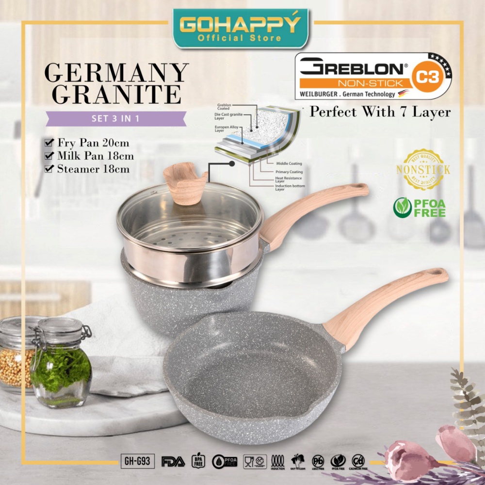 GERMANY GRANITE PAN Set 3 in 1 Gohappy Panci Asli Greblon GHG93 fry pan 20c m and milk pan+ steamer