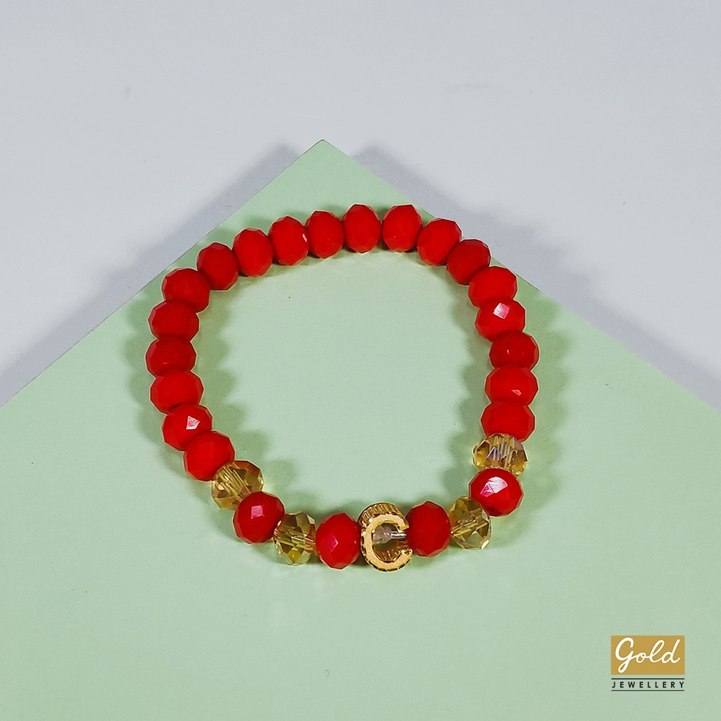 Gelang tali emas kuning kadar 700 70% charm inisial C bsr batu merah