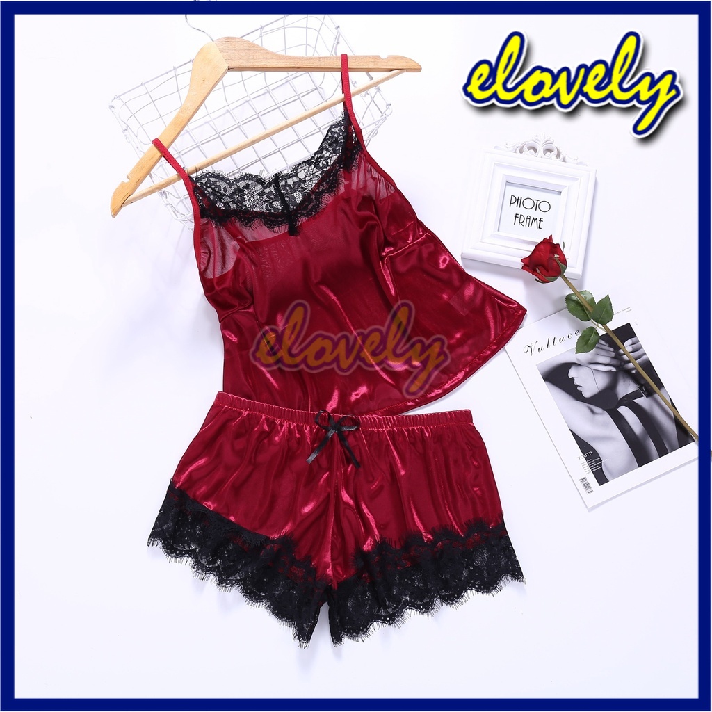 Elovely Lingerie Sexy Hot Pakaian Dalam Wanita Set Lingerie Celana Renda Seksi + Tank Top Set Baju Tidur Malam | L021-red