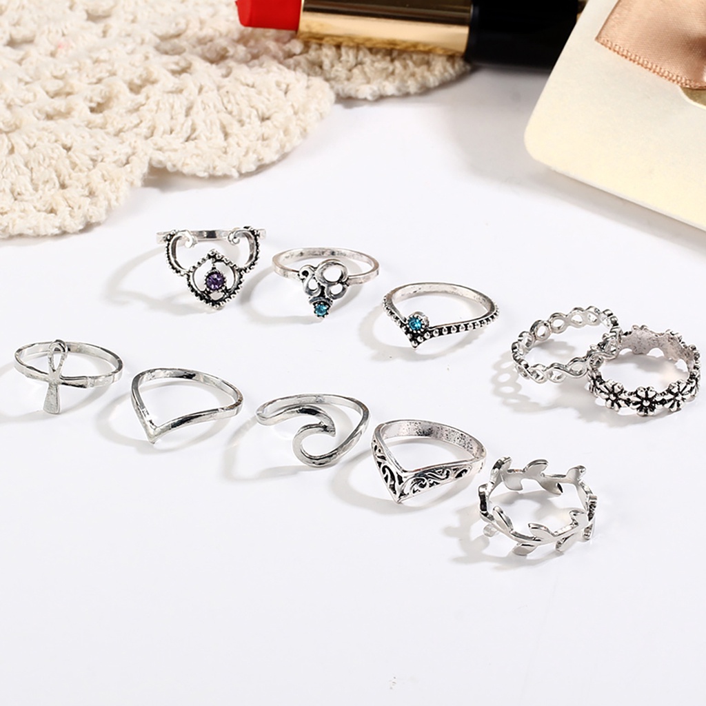 Hu Hu Hu Hu Hu Alat Bantu Pasang Kacamata♡ 10pcs Cincin Knuckle Bentuk V Motif Bunga Gaya Vintage Untuk Wanita