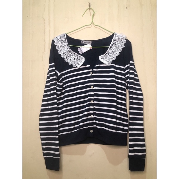 preloved kemeja kerah renda garis biru tua