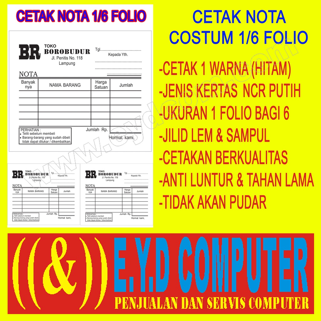 

CETAK NOTA 1 PLY 1 FOLIO BAGI 6 KERTAS NCR COSTUM ISI TANPA RANGKAP CEK BON KWITANSI SURAT JALAN