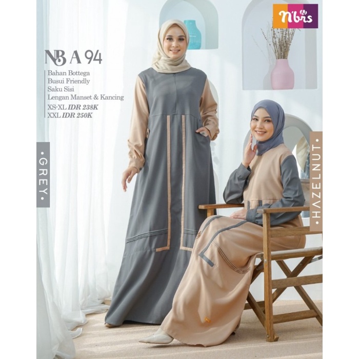 Baju Gamis Nibras NB A94 Muslim Dress Wanita Dewasa Kekinian Terbaru - Grey, S