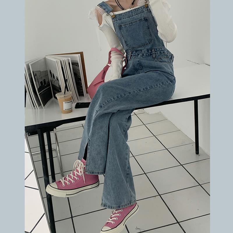 Suhao Baru keseluruhan slits slits vintage celana jeans wanita garis garam lurus kaki lebar jumpsuit