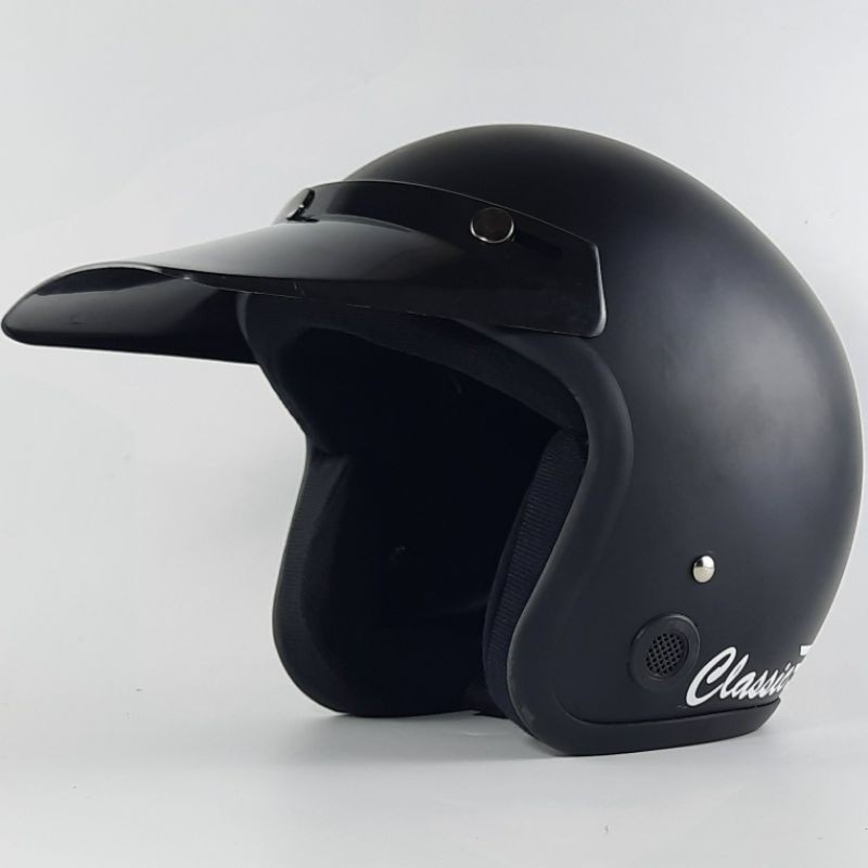 HELM BOGO DEWASA CEWEK COWOK POLOS CLASSIC STRIP HELM RETRO FULL LEHER SNI - HD HITAM DOFF