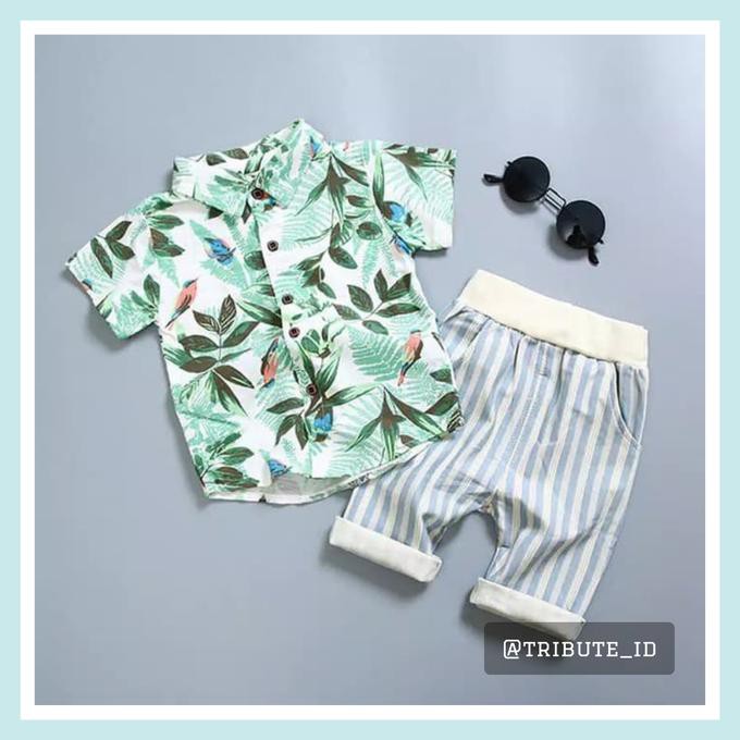 Setelan Baju Kemeja Bunga Pantai Dengan Celana Anak Bayi Cowok Laki BEST SELLER