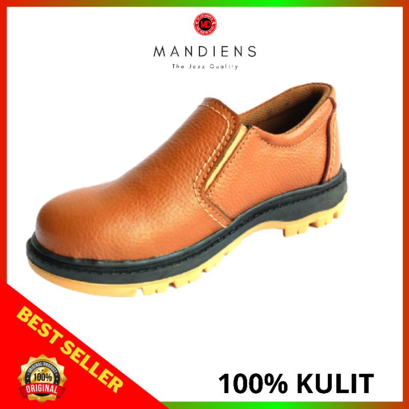 MANDIENS - Sepatu Safety Pria Kulit Asli Ujung Besi Boyken KR.10 Model Slip On  Safety Shoes Warana Hitam Cokelat Untuk Kerja Proyek  Kitchen