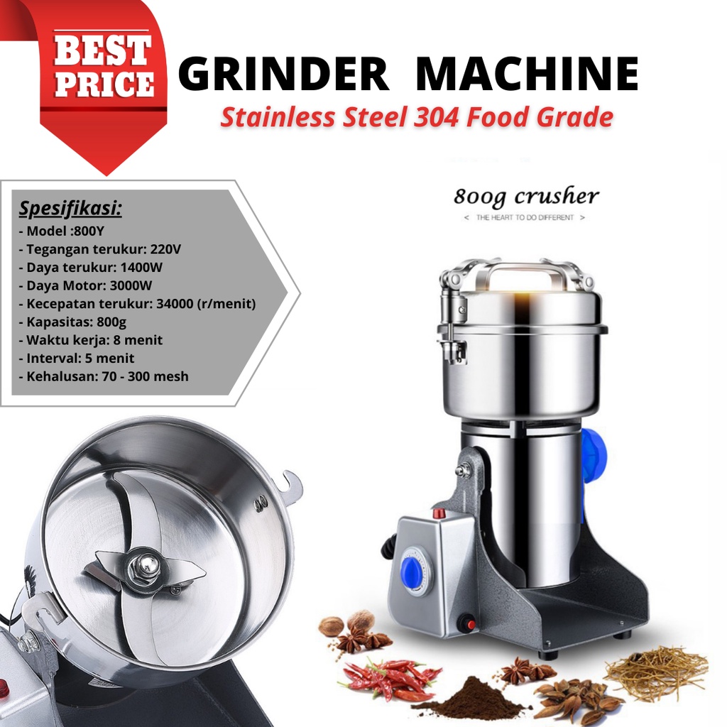 800G Grain Grinder Machine 800Y Stainless steel full copper wire motor MESIN PENGGILING MESIN PENGHALUS SERBUK KOPI TEPUNG REMPAH DLL