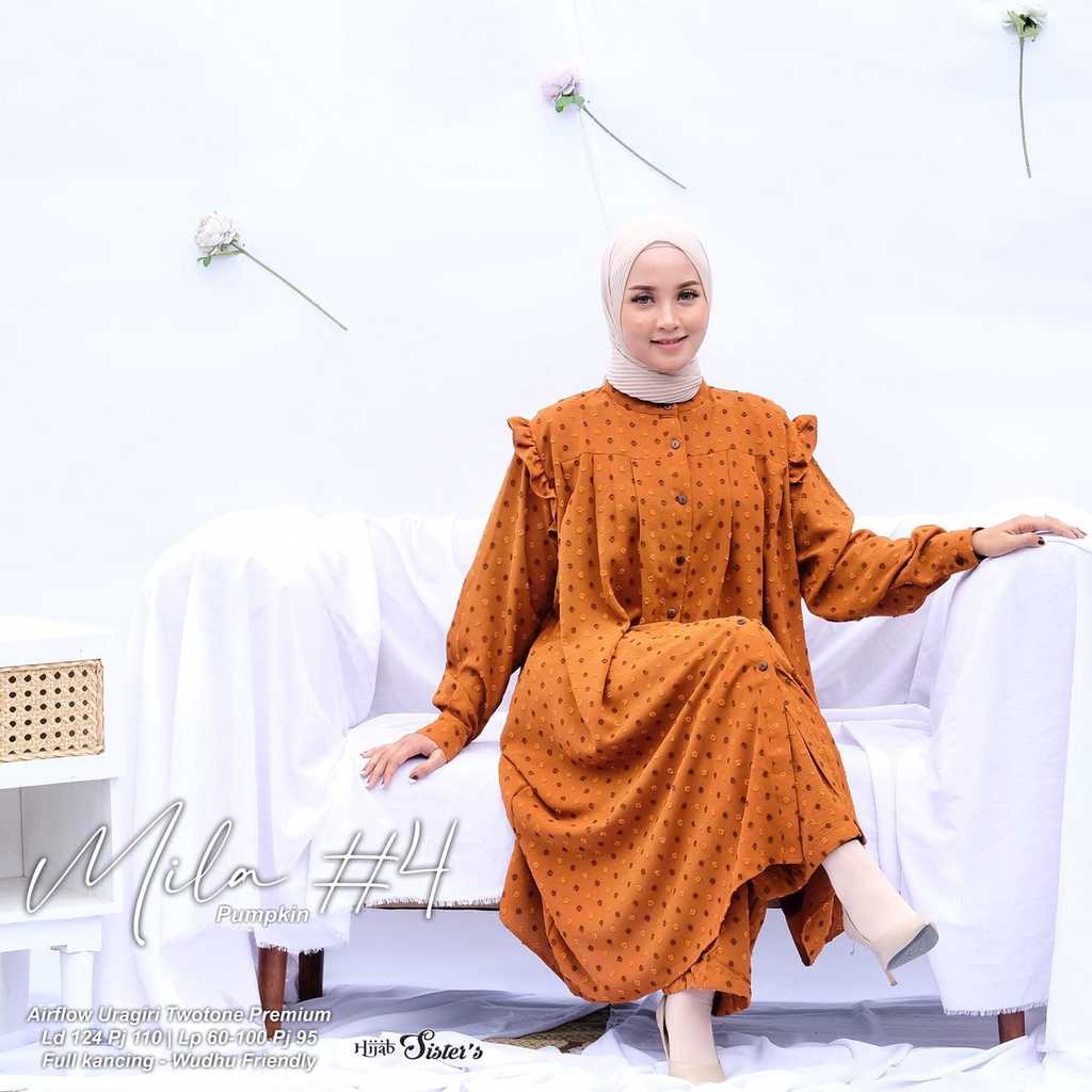 Hijab Sisters Mila One Set Baju Setelan Wanita Long Tunik Bahan Airflow Premium LD 124-Pumpkin