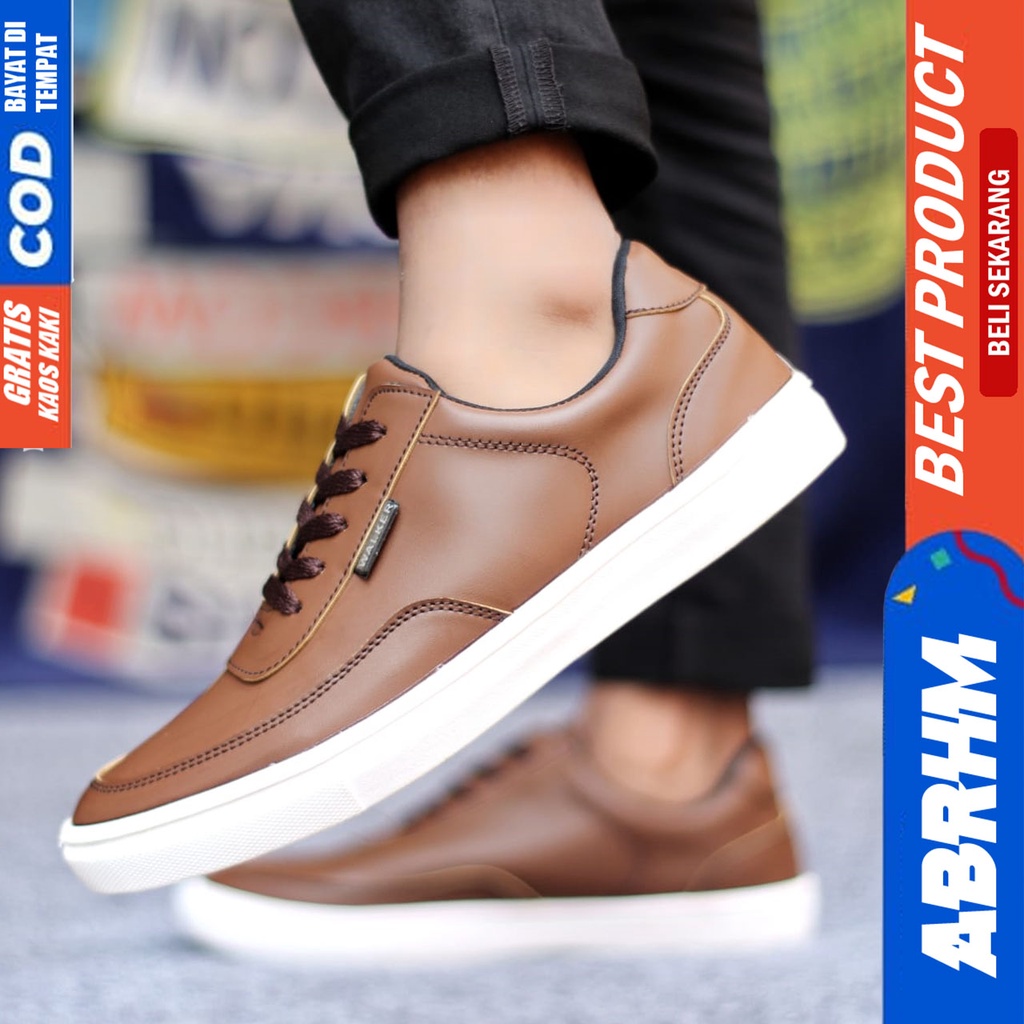 Sepatu Casual Pria Sneakers Hitam Kasual Kulit Pu Kekinian Kerja Kuliah Kantor Fashion Shoes Terbaru ABRHM TIAGO