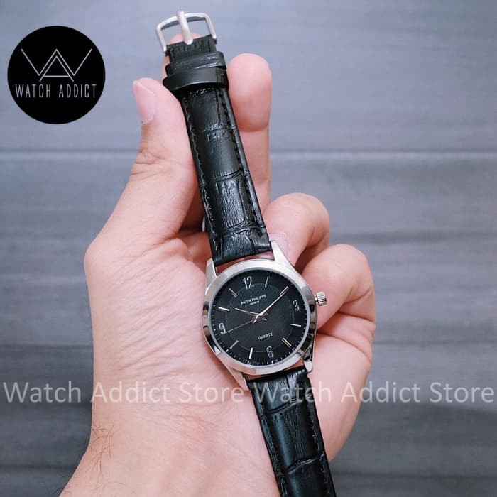 Jam Tangan Wanita Cewek Patek Philippe Analog Time Tali Kulit Hitam