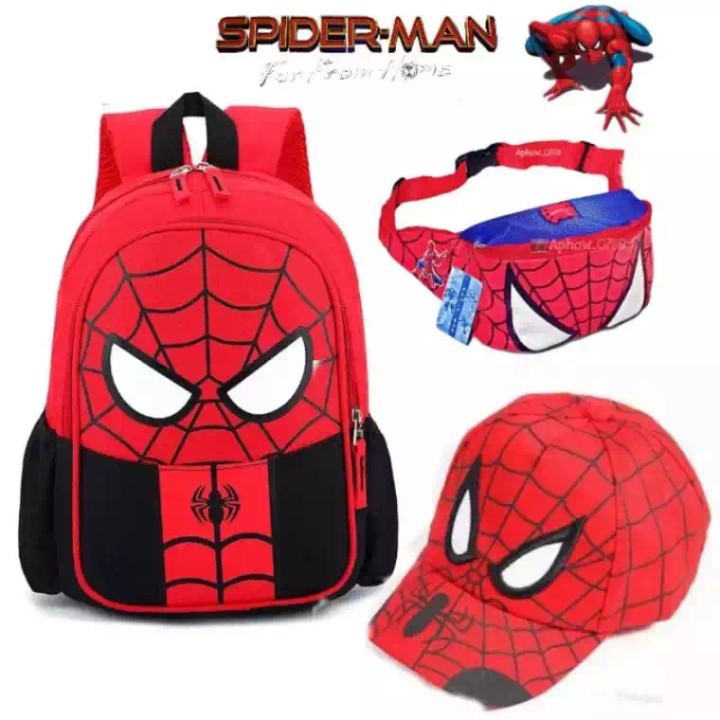 (BIG SALE) PROMO Paket 3 in 1 Tas Sekolah Anak Laki Untuk sd motif SPIDERMAN dan Topi REALPICT