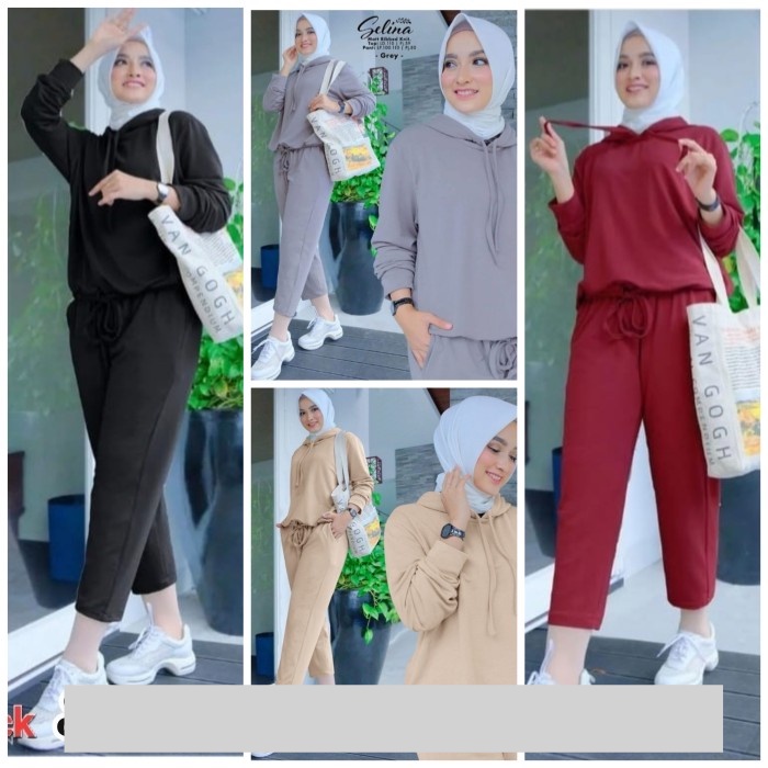 BAJU SETELAN WANITA KEKINIAN KOREA CELANA HOODIE POLOS SELINA