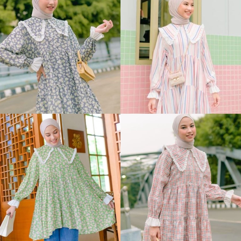 SIAP KIRIM! New Audre Tunic Lavender, Stripe rainbow, Sunflower, Hanna, Gingham flowery, Gingham Nav