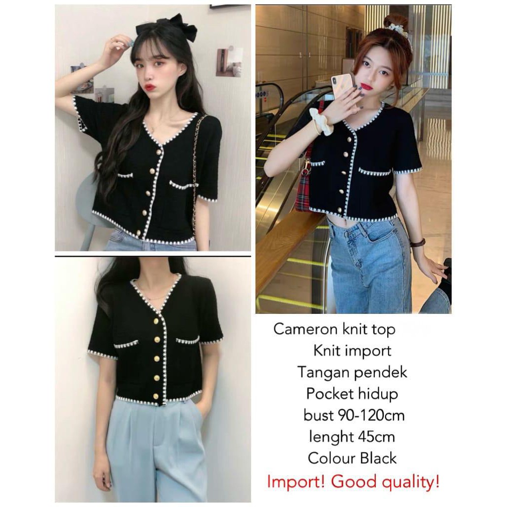 ZAZA_FASHION Baju Atasan Wanita Terbaru 2020 IMPORT Real Pict Blouse Wanita Hits Cameron Pendek-Hitam
