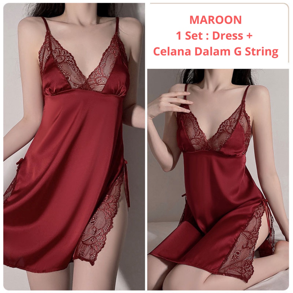 Gaun Malam Seksi Lingerie Seksi Baju Tidur Lace Seksi Free Celana Dalam G String 245