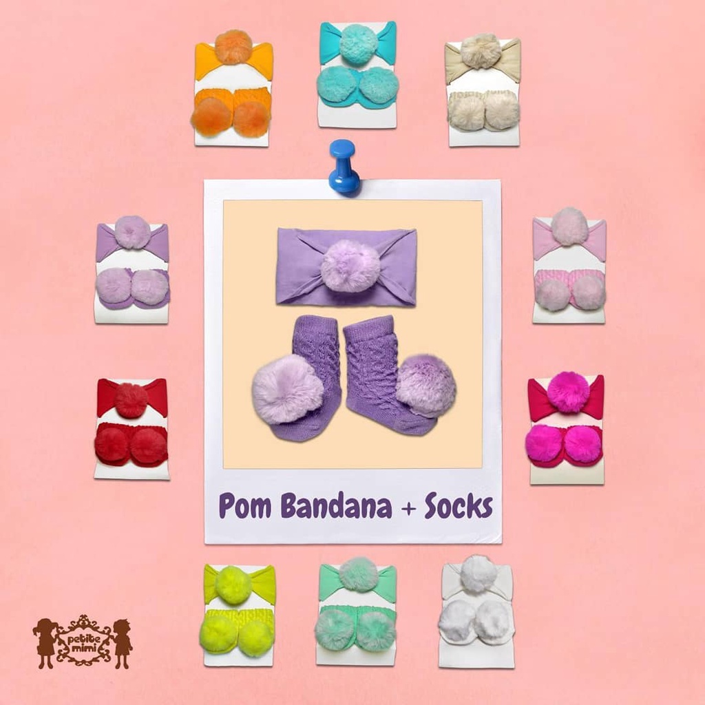 Petite Mimi Pom Pom Headband &amp; Socks Bandana dan Kaos Kaki Bayi 0-12 Bulan