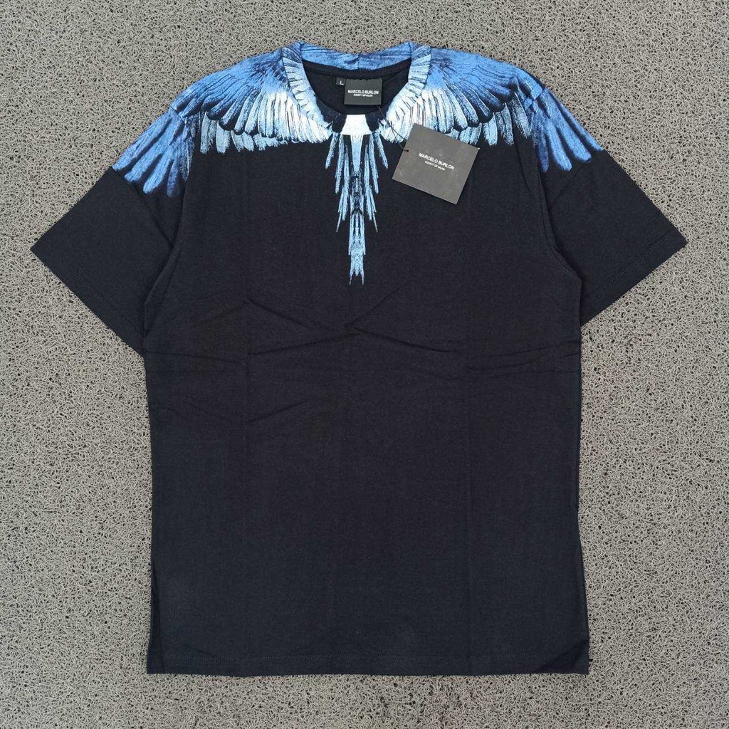 Marcelo Burlon Blue Wings Hitam Tee T-Shirt Kaos