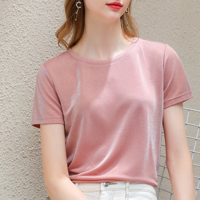 【Moon Blush】Korean Halus Lembut Solid Round Neck Satin  T-shirts 7242