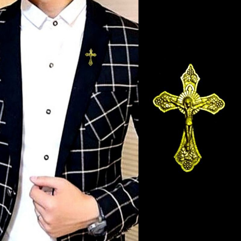 Metal Classic Golden Cross Pin Bros Jas Kameja Tuxedo Mens Pria Salib