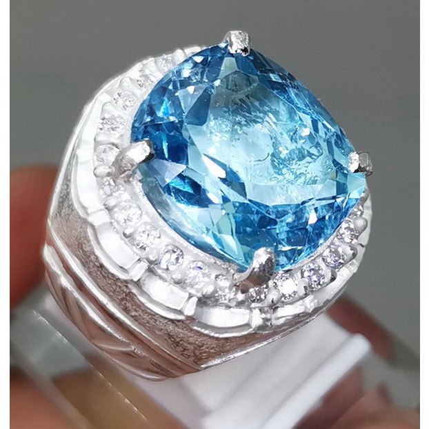 Batu Permata Biru Blue Topaz Asli Cincin Perak Murni