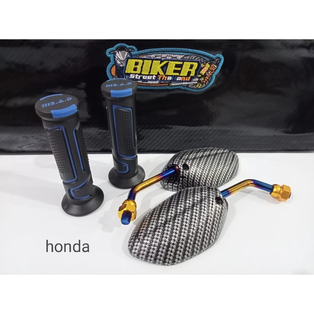 Paket 3 item Jok karbon hitam+grip B.A.D +Spion mini karbon twotone_Universal Honda/Yamaha