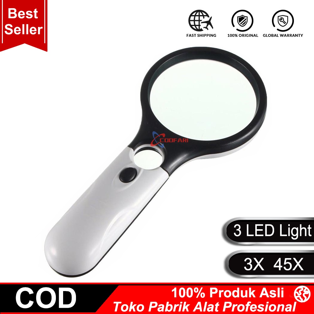 2in1 Kaca Pembesar Dengan Lampu 3 LED Magnifier Gelas Loop Magnifying Lup Zoom mata uang jewelry Baca 3X 45X 75mm 22mm